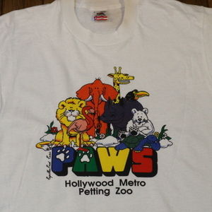 90s USA製 ZOO PAWS Tシャツ L ホワイト フルーツタグ アニマル イラスト ライオン キリン ゾウ シロクマ ハリウッド 動物園 ヴィンテージ