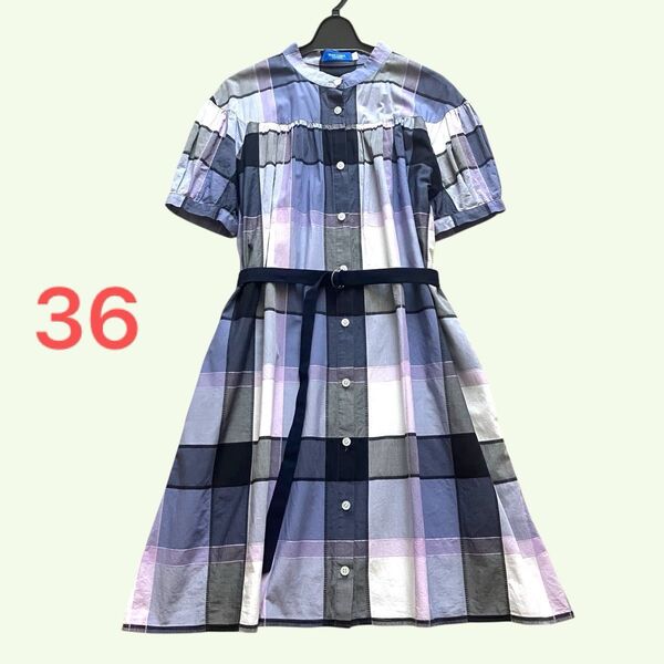 良品◆ブルーレーベルクレストブリッジ チェック シャツワンピース ゆったりデザイン 前開き 羽織り 青 半袖 パフ袖 大きめ