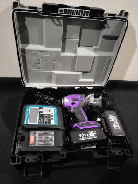 ★マキタタイプ★ 18vインパクトドライバー(パープル) 充電器液晶表示付き、バッテリーセット