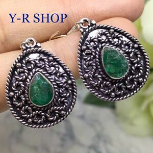  free shipping * natural stone * emerald. antique style earrings * lady's color stone silver accessory gem new goods India miscellaneous goods ethnic 