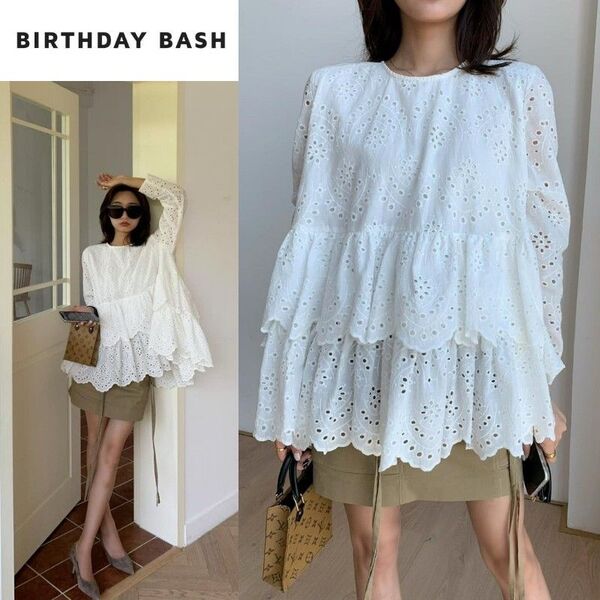 BIRTHDAY BASH トリプルフリルパンチングレースLS オフホワイトF バースデーバッシュ長袖白ブラウス 刺繍レース