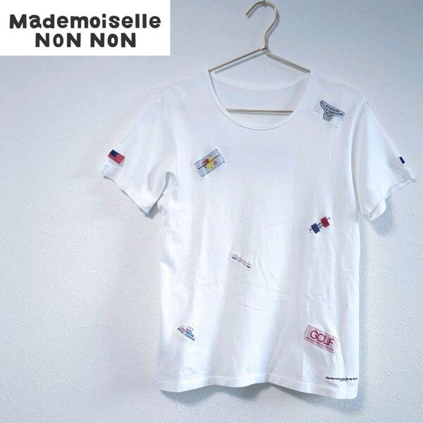 Mademoiselle NON NON(マドモアゼルノンノン)ロゴワッペン半袖白Tシャツ オフホワイトカットソー ゴルフGOLF