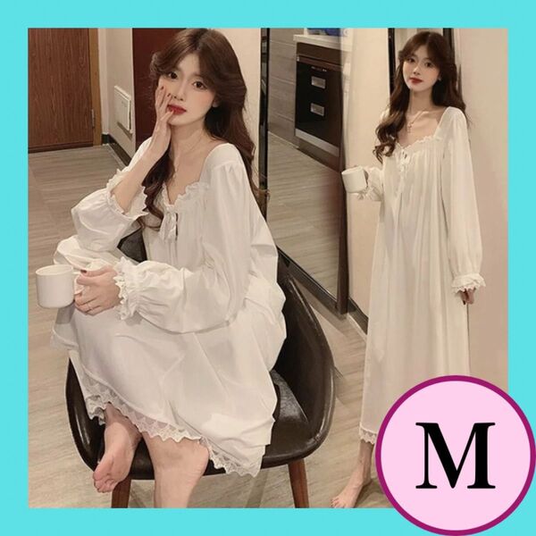 ネグリジェ パジャマ ルームウェア ワンピース レース 可愛い リボン M レディース フリル ロング ナイトウェア マキシ丈