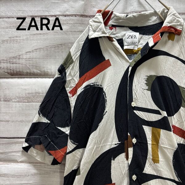 ZARA アート 総柄 レーヨンシャツ 半袖シャツ マルチカラー お洒落 L