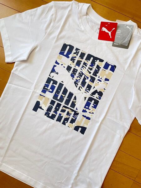 新品未使用 M PUMA プーマ グラフィック 半袖Tシャツ コットン ビッグロゴ プーマキャット ホワイト 白