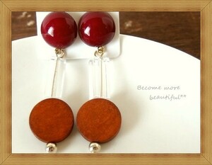 * unused Flowering/ regular price 1200 jpy * Brown wooden / wood plate * clear & wine red. long earrings *145