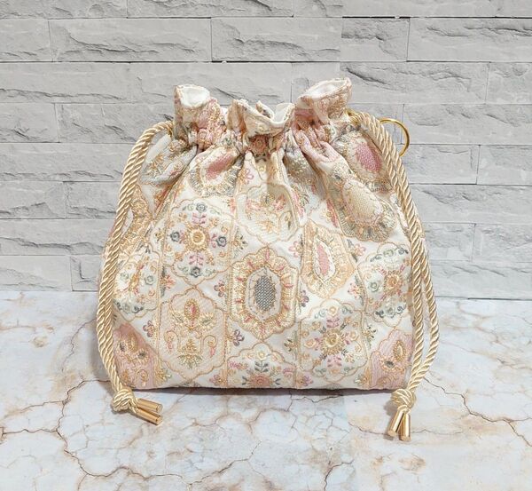 インド刺繍の巾着バッグ ショルダーバッグ 帆布バッグ