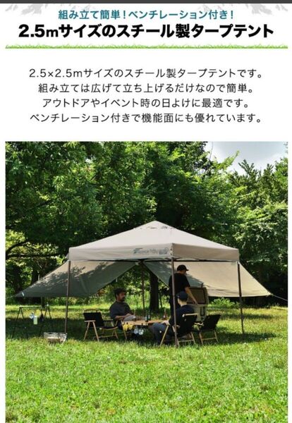 タープテント 2.5m 簡単 耐水 FIELDOOR ワンタッチ 屋根柱四本