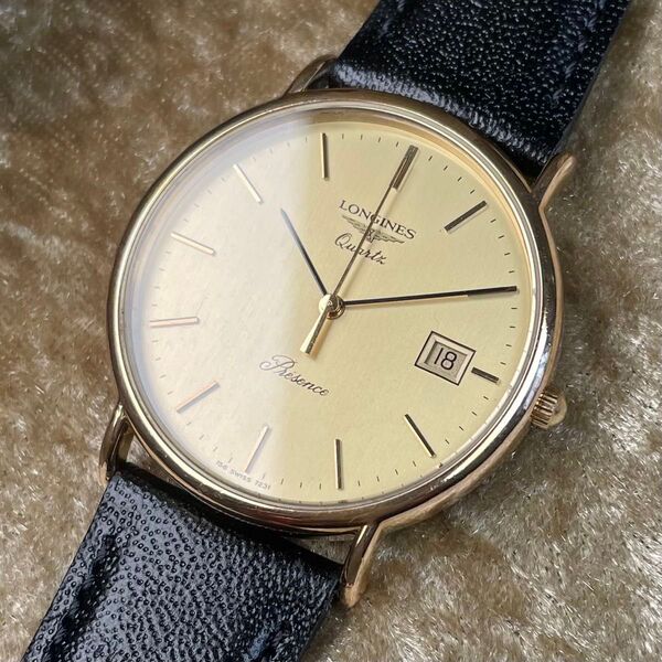 ビンテージ LONGINES presence ゴールド メンズQZ 文字盤 綺麗 ガラス新品交換済み グランドクラシック