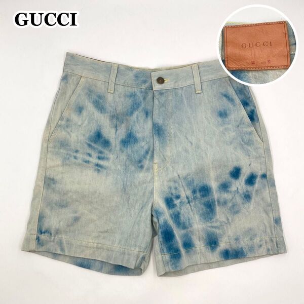 激レア【美品】GUCCI グッチ ハーフパンツ ヴィンテージデニム ロゴレザーパッチ タイダイ インディゴブルー 32 L相当