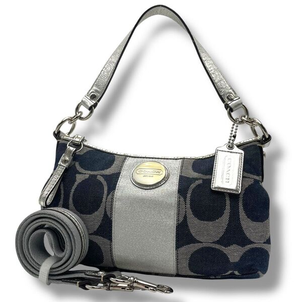 【良品】COACH コーチ 2way ワンショルダーバッグ デニム×レザー 肩掛け 斜め掛け ネイビー 濃紺 シグネチャー ロゴ