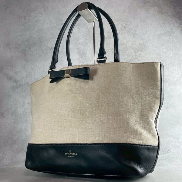 【良品】A4可 kate spade ケイトスペード トートバッグ キャンバス×レザー 本革 肩掛け 通勤通学 ビジネス りぼん