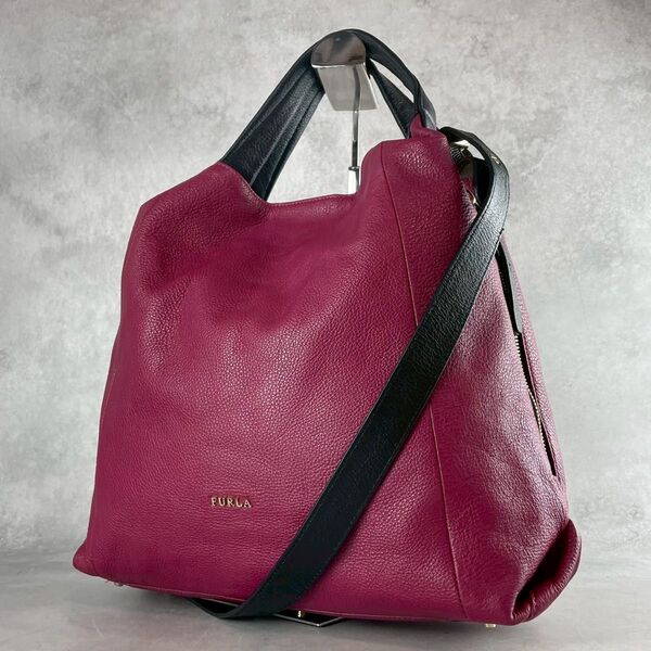 【美品】FURLA フルラ エリザベス 2way トート ショルダーバッグ レザー 本革 バイカラー 大容量 肩掛け 斜め掛け