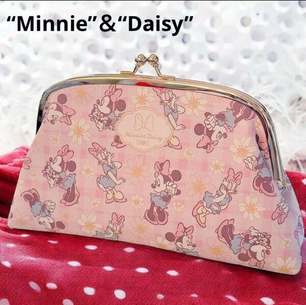 美品☆ミニー&デイジー がま口ポーチ ディズニー チェック ピンク コスメ 小物入れ サニタリーポーチ 通帳入れ