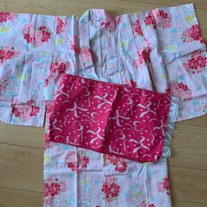 新品未使用　浴衣　花柄　ピンク　100 ワールド　帯　パジャマ　祭　花火　寝巻き　ハロウィン　仮装