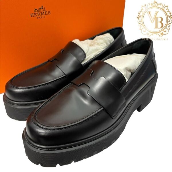 【未使用に近い】エルメス HERMES ヒッチ ローファー シューズ 23.5cm レザー ブラック 黒 レディース