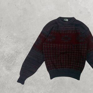 【ヴィンテージ感】総柄二ットセーター幾何学模様ボルドー×ネイビーメンズM~L相当