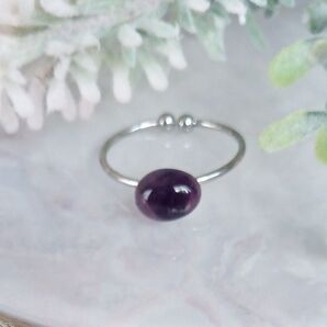 S 天然石 アメジスト 横置き リング シルバーカラー ステンレス サージカル316 フリーサイズ ハンドメイド