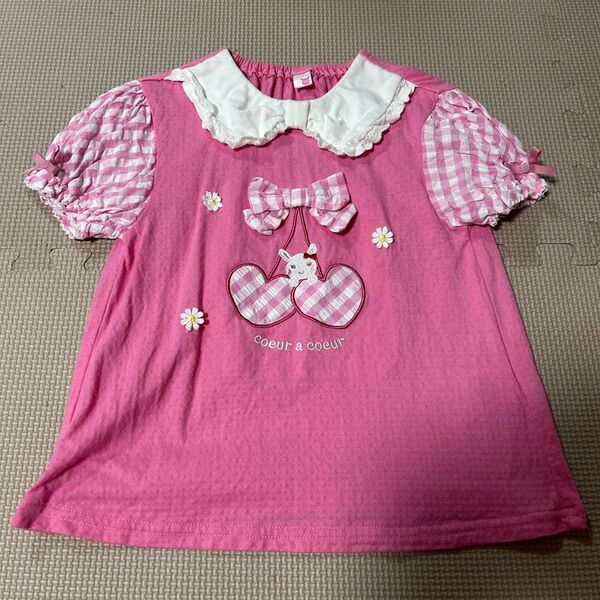 クーラクール 着1〜2回 ピンク さくらんぼ チェック キッズ 女の子 半袖 トップス 半袖Tシャツ