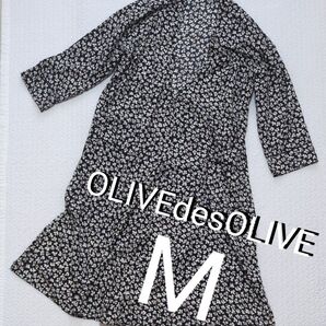 OLIVEdesOLIVE 小花柄 ロングガウン 羽織り ブラック 黒 M レディース 秋 春 サラサラ 八分袖 ポリエステル