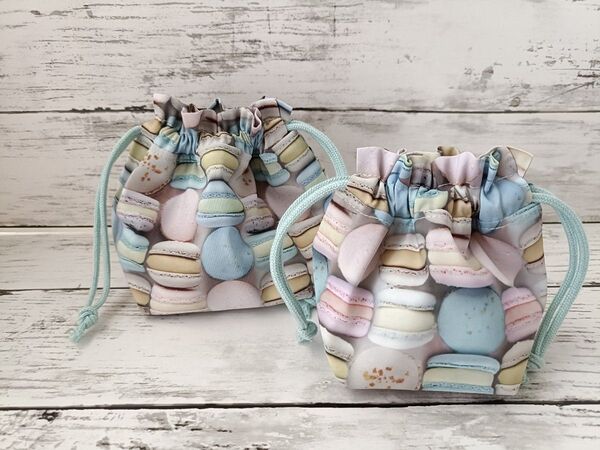 保冷巾着と巾着の2点セット マカロン柄 可愛い♪ ハンドメイド