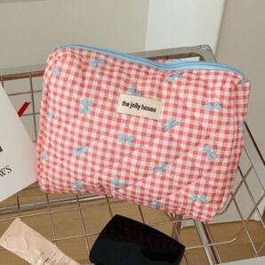 《大容量》ギンガムチェック リボン柄 マルチポーチ