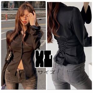 バック編み上げ ブラウス XLサイズ ブラック レディース 長袖 フレア袖 無地 着痩せ 光沢 フレアスリーブ デート 仕事