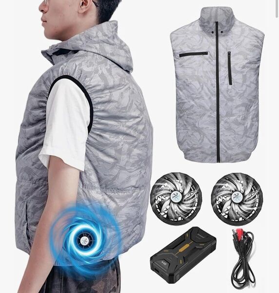 空調作業服 ファンバッテリーセット 速冷ファン 30000mAh 4段階風速調節 グレー 空調作業服 冷却冷風服 作業服セット
