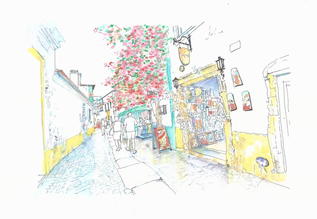 Weltkulturerbe Straßenbild, Portugal, Gasse von Obidos, F4 Zeichenpapier, Aquarell Original, Malerei, Aquarell, Natur, Landschaftsmalerei