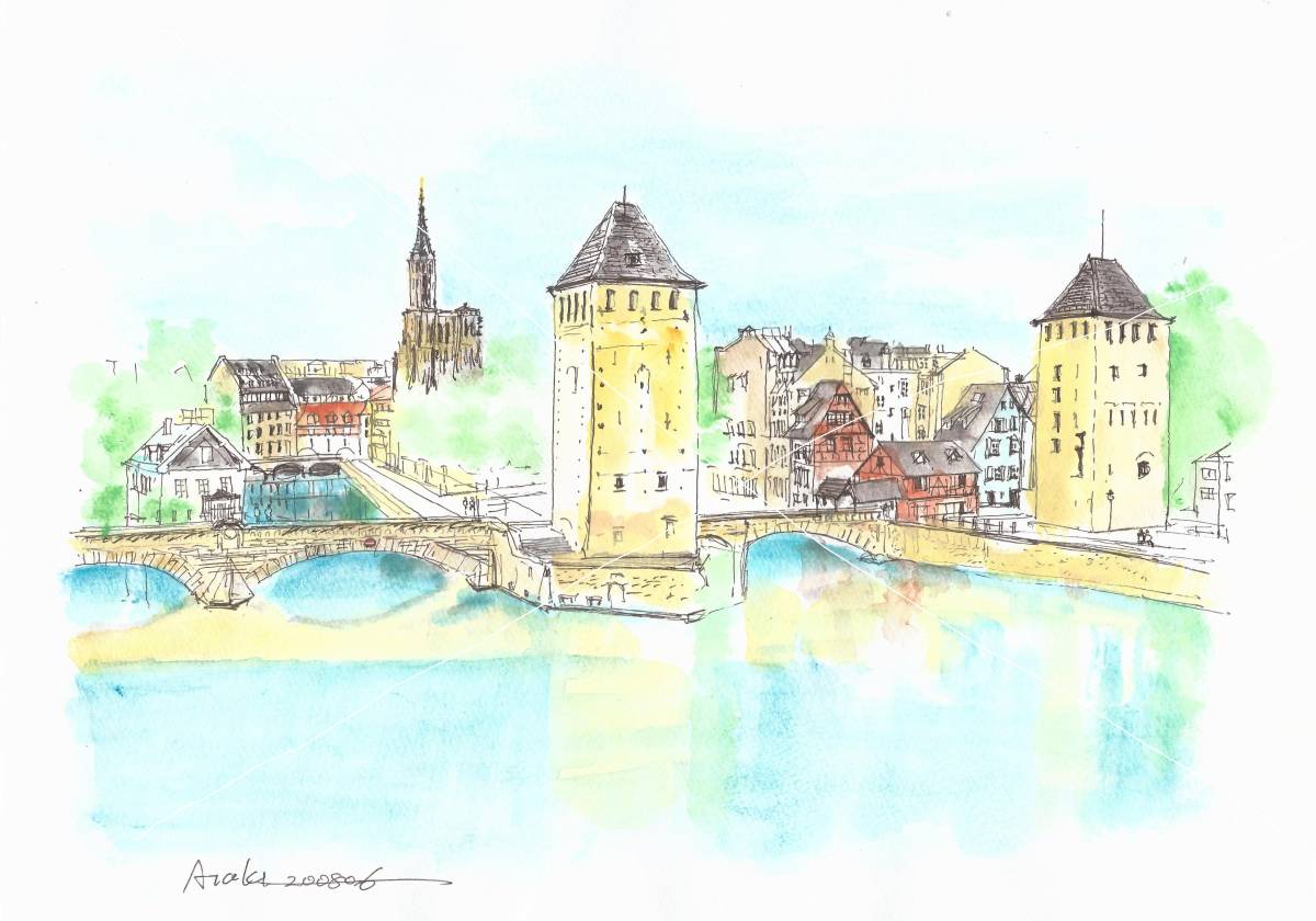 World heritage cityscape, Strasbourg, France, F4 drawing paper, original watercolor painting, painting, watercolor, Nature, Landscape painting