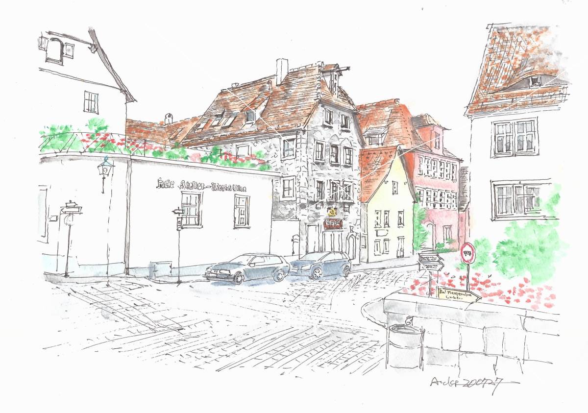 Paisaje urbano europeo / Callejón de Rothenburg, Alemania / Papel de dibujo F4 / Pintura original de acuarela, cuadro, acuarela, Naturaleza, Pintura de paisaje