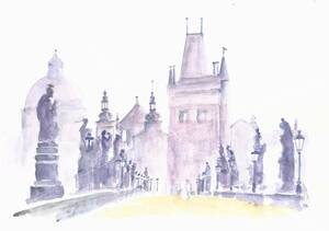 世界遺産の街並み・チェコ・プラハ・カレル橋・F4画用紙・水彩画原画