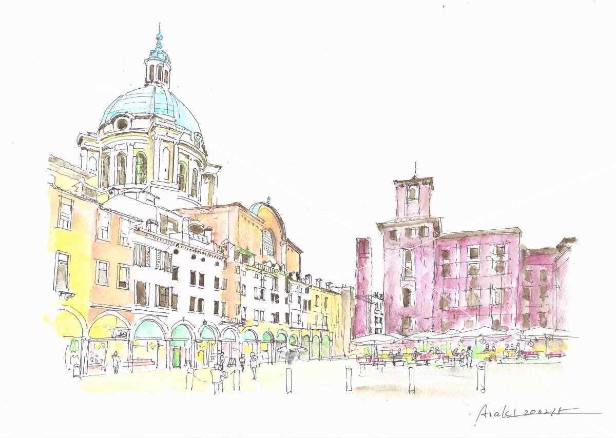 Paysage urbain du patrimoine mondial / Travaux du palais 5 à Visencia, Italie / Papier à dessin F4 / aquarelle originale, peinture, aquarelle, Nature, Peinture de paysage