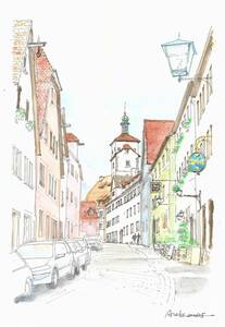 Art hand Auction Paysage urbain européen / Ruelle de Rothenburg, Allemagne / Papier à dessin F4 / Peinture aquarelle originale, peinture, aquarelle, Nature, Peinture de paysage