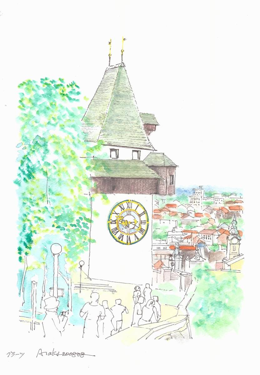 التراث العالمي سيتي سكيب, برج الساعة في غراتس, النمسا, ورق رسم F4, الرسم بالألوان المائية الأصلية, تلوين, ألوان مائية, طبيعة, رسم مناظر طبيعية