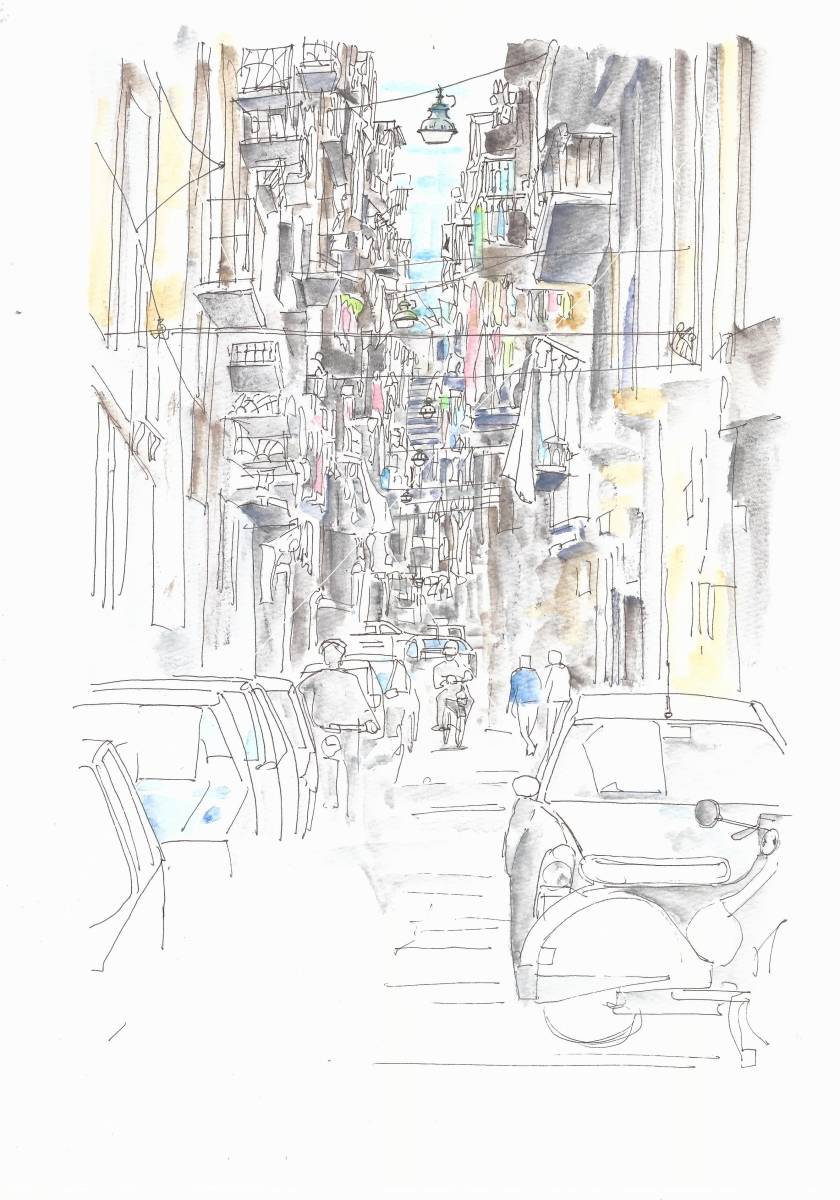 Paysage urbain du patrimoine mondial/Ruelles de Naples, Italie 2/F4 papier à dessin/Peinture originale à l’aquarelle, peinture, aquarelle, Nature, Peinture de paysage