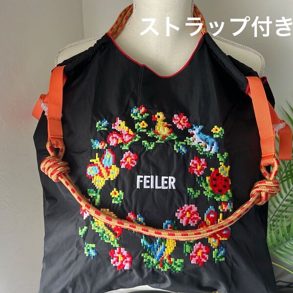 刺繍エコバッグ アヒル 花柄 トートバッグ ロープバッグ ショッピングバッグ ショルダーストラップ付き FEILER フェイラー