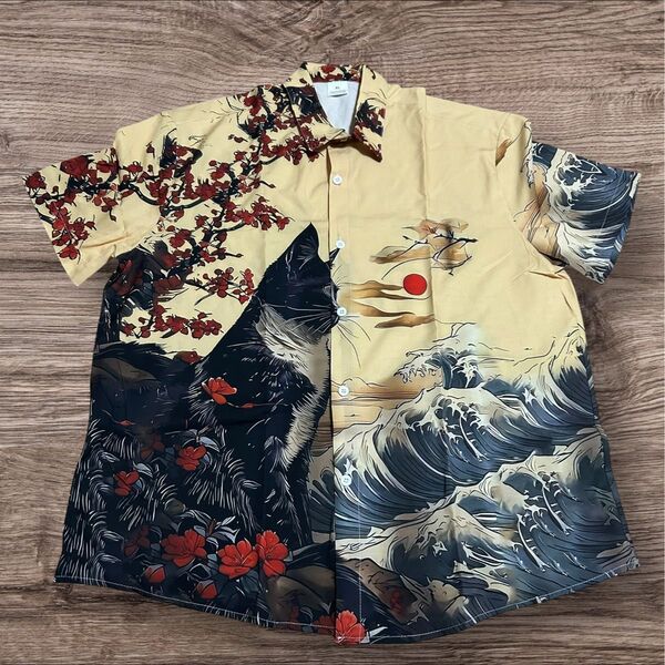 新品 猫 ネコ ねこ 和柄 桜 波 海 個性的 浮世絵 日本 和柄シャツ アロハシャツ