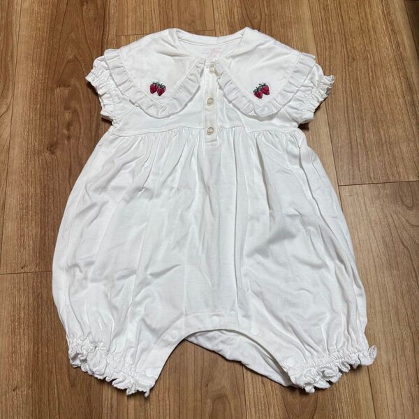 メゾピアノ ロンパース 80サイズ ベビー服 女の子 苺セーラーロンパース でか襟 セレモニー ホワイト 半袖