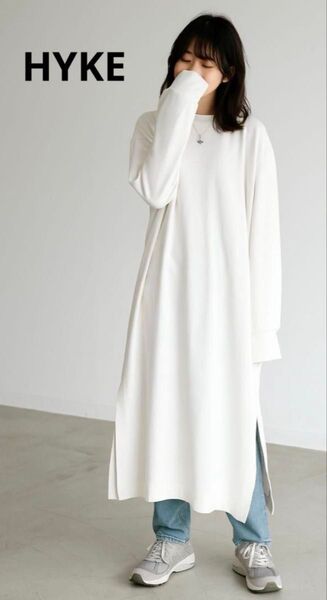 HYKE ハイク ロング Tシャツ ワンピース サイドスリット 長袖 厚手 白 ホワイト