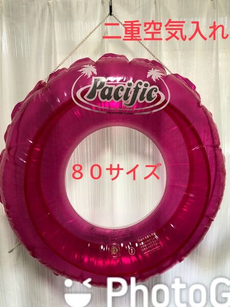 ★ピンク浮き輪 80cm ロープ付き二重空気入れ 子供 大人 プール