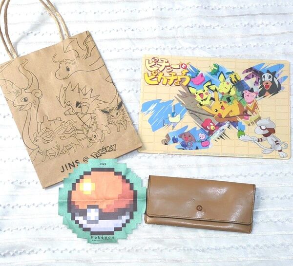 used【JINS】ポケモンメガネケース(内側にカビゴン寝ていて可愛い)&メガネ拭き★ショップバッグ&レトロ下敷き