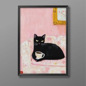 絵画 | イラストポスター 684☆ 【かわいい黒猫とコーヒー】