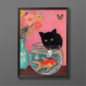 絵画 | イラストポスター 638☆ 【かわいい黒猫と金魚】