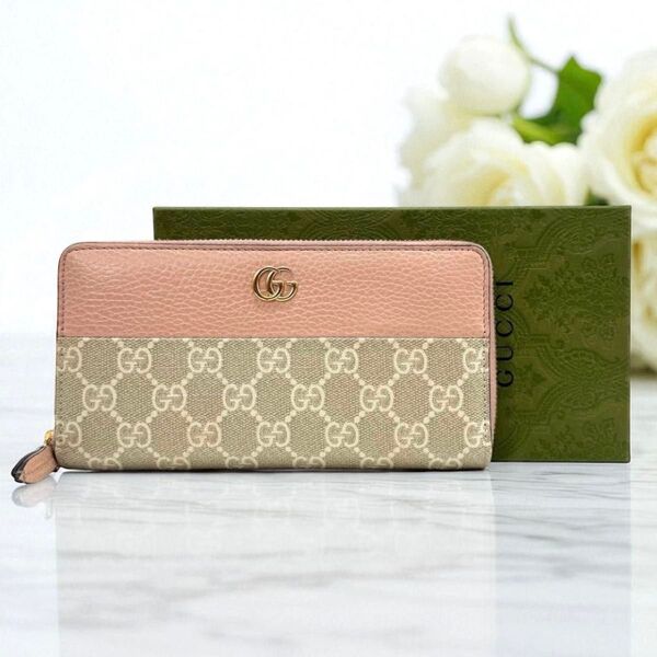 グッチ 長財布 ロングウォレット ベージュ ピンク バイカラー キャンバス レザー GG柄 スプリーム マーモント GUCCI