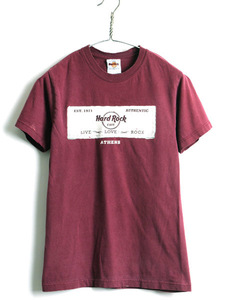 90's レアカラー 希少 S ■ ハードロックカフェ ATHENS ボックス ロゴ プリント 半袖 Tシャツ ( メンズ レディース ) 古着 Hard Rock Cafe
