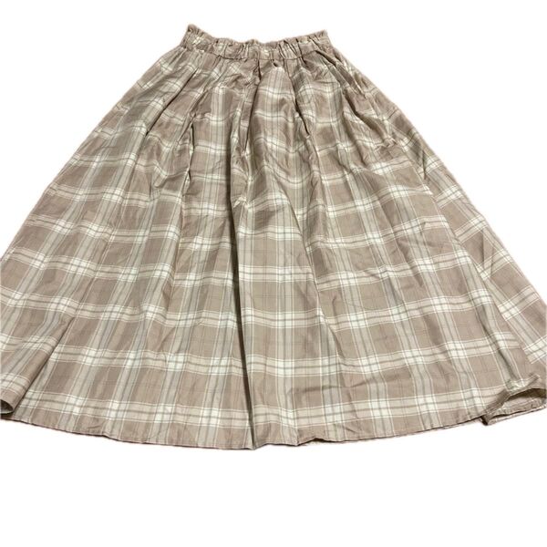 チェック柄ロングスカート ベージュ ウエストゴム フレアスカート S ジーユー 薄手のインド綿 裏地有り 春夏秋 F