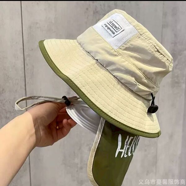 キッズ サファリハット カーキ 紐付 日除け付 帽子 UV効果 UPF50
