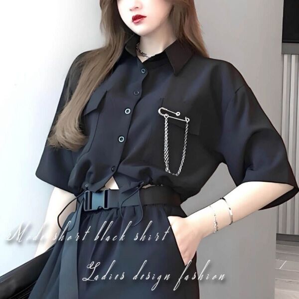 大きいサイズ モード系 半袖 へそ出し ショート丈 ブラック シャツ アメカジ 黒 セクシー 個性的 ブラウス トップス