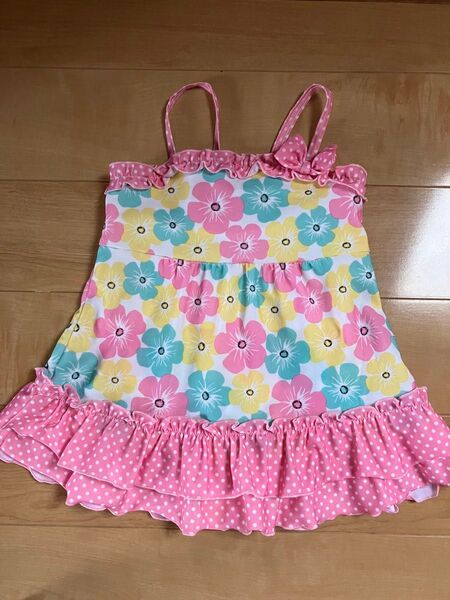 女の子 ワンピース 水着 花柄 ドット ピンク 90cm